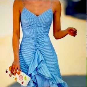 JOIE EBERTA FRENCH Chambray Blue stripe ruffle dress trimmed high/low midi dress